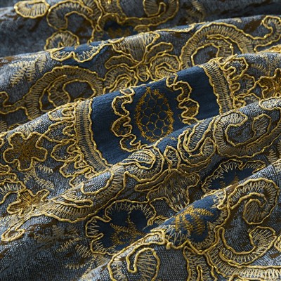 Тканіны для штор з рымскай вышыўкай колеру блакітнага шампанскага і золата